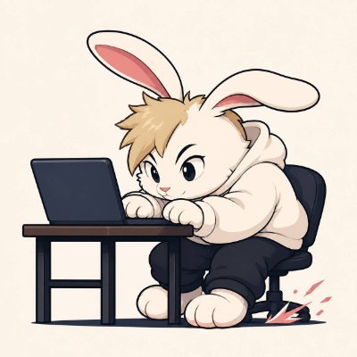 パーカーを着たウサギがノートパソコンに向かうイラスト