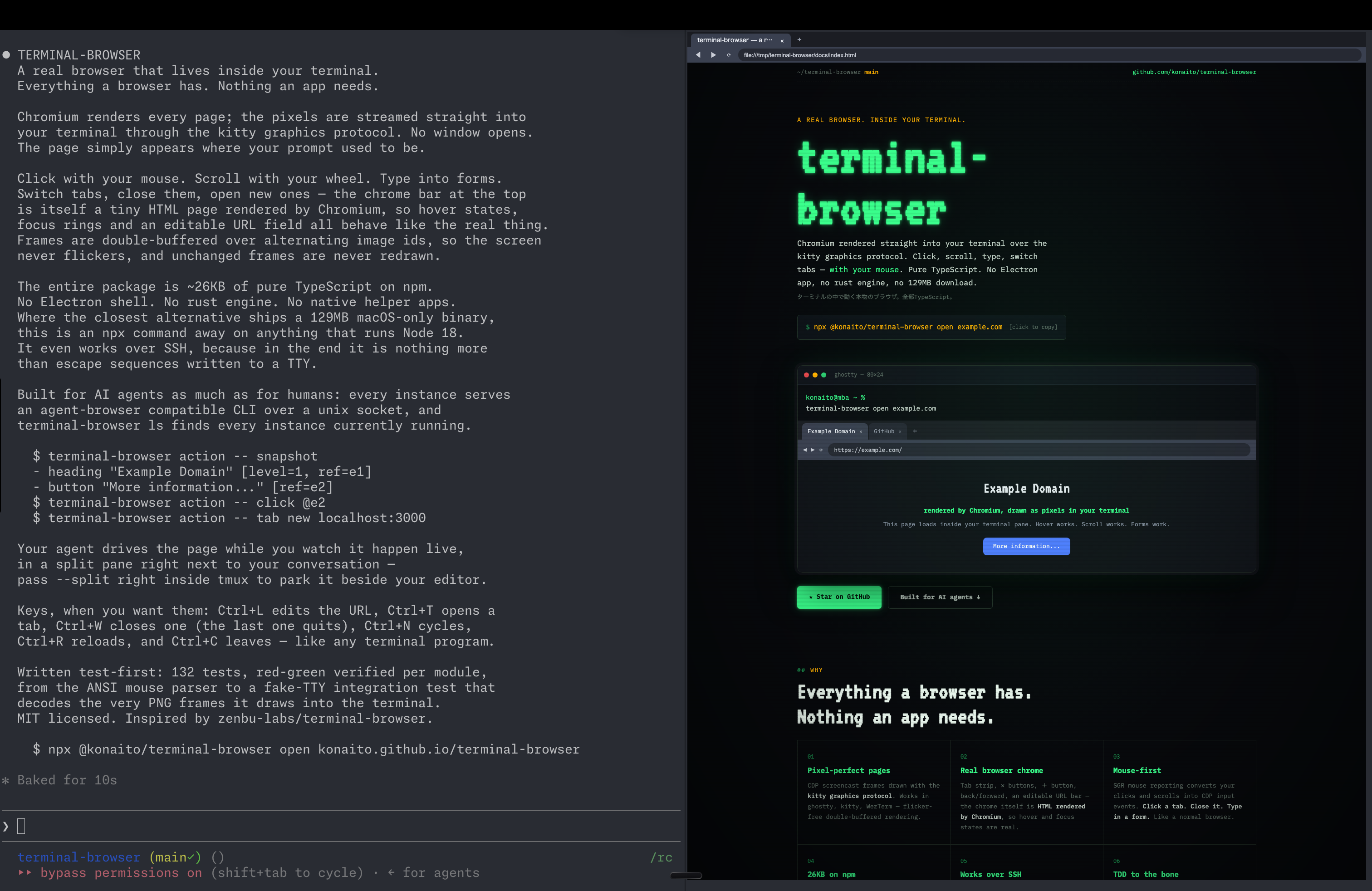 Claude Code and terminal-browser side by side in one terminal window